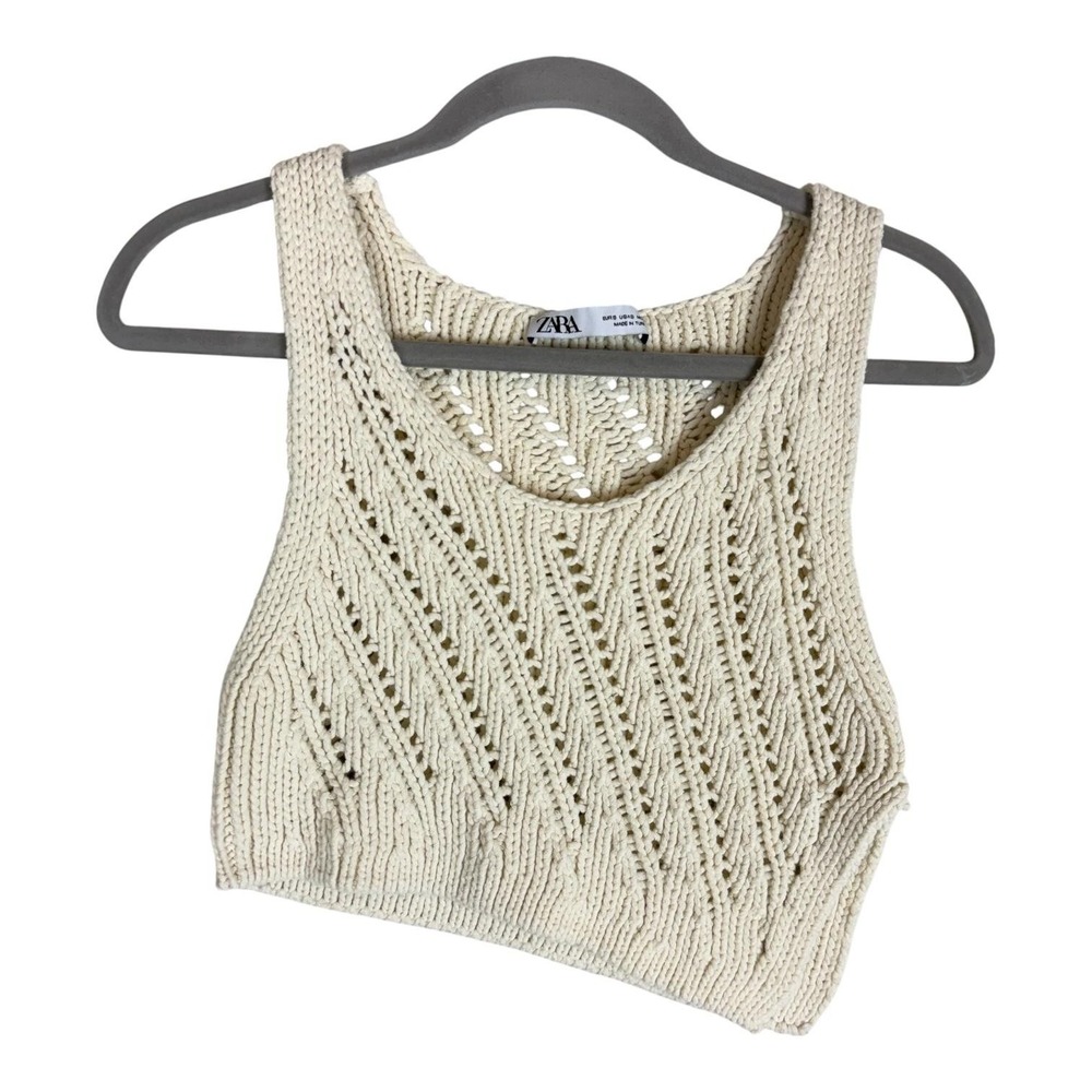 Zara Sweater Vest Womens Small Beige Open Knit Scoop Neck Cropped Tank